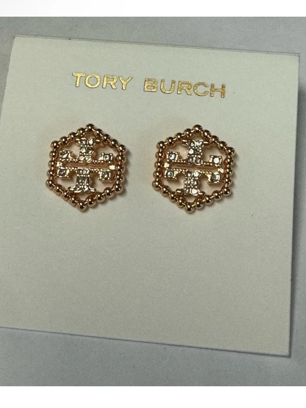 Tory Burch New Milgrain Hex Pavé Rose Gold Stud Earrings $139